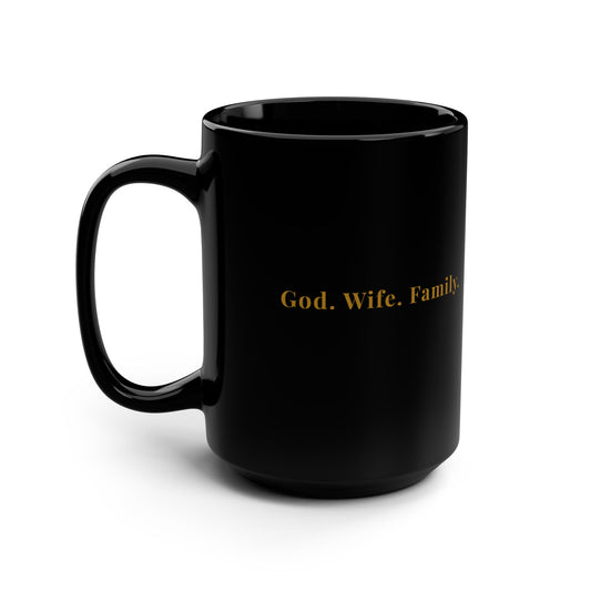 God Wife Family- Black Mug, 15oz